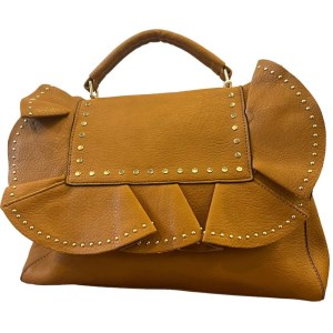 Borsa con tracolla voulant e borchiette in ecopelle senape