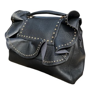 Borsa con tracolla voulant e borchiette in ecopelle Nero